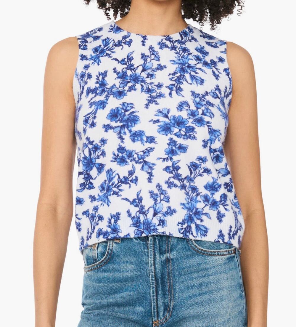 CeCe Floral Sleeveless Sweater L Blue White NWT